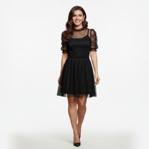 Gap Black Puff Sleeve Polka Dot Mesh Mini Dress XS |Crewneck Sheer Overlay Party